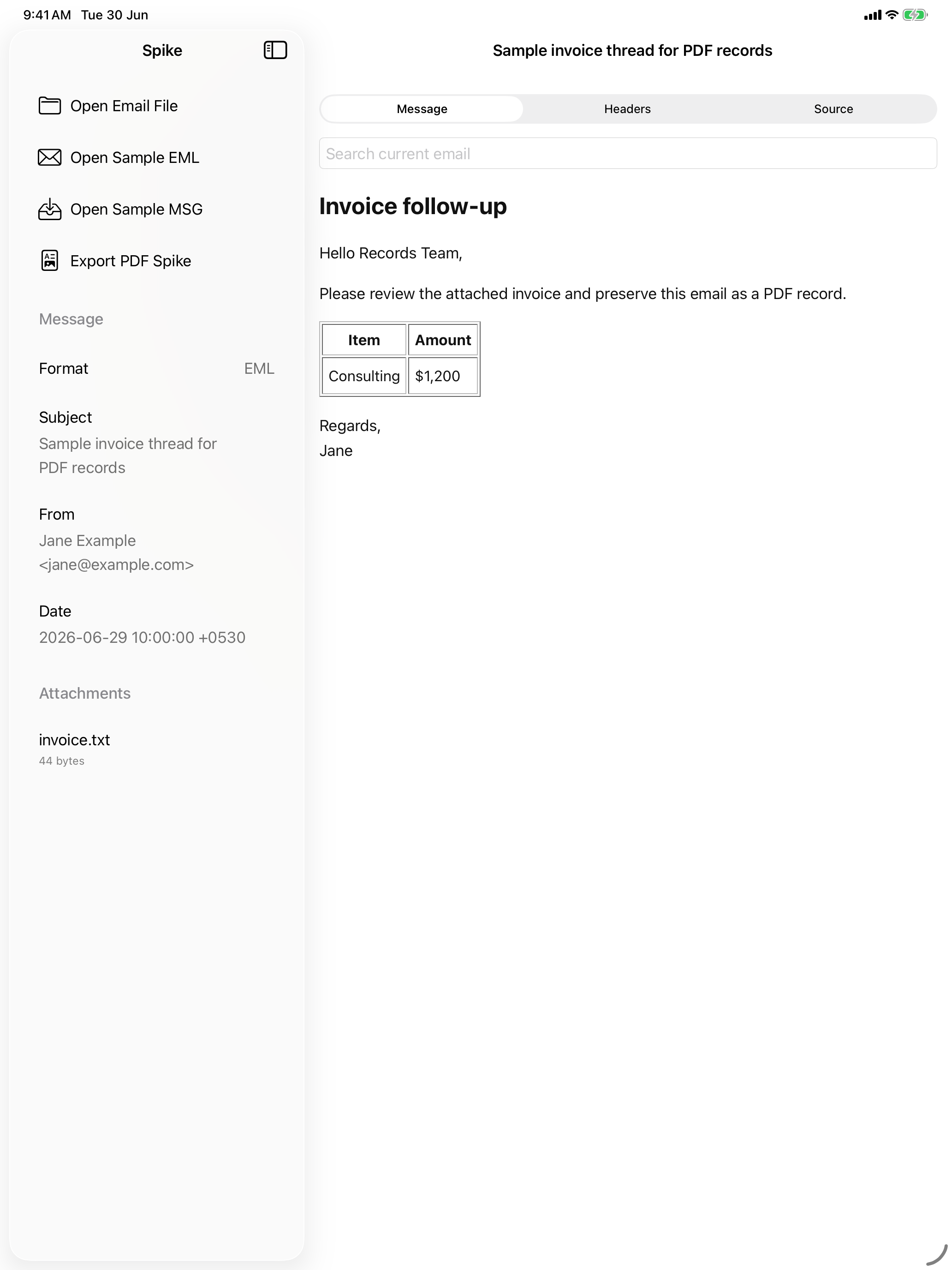 EML & MSG Viewer displaying an email on iPad with a sidebar of metadata and attachments.